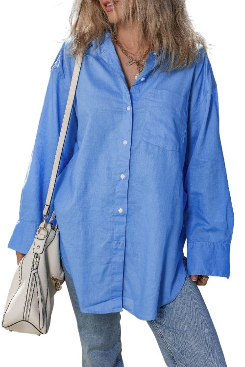 Women's Blue Boyfriend Chest Pocket Tunic Shirt - Casual Long Sleeve Top