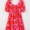 Women's Red Floral Bubble Sleeve Sweetheart Neck Ruffled Mini Dress - Image 16