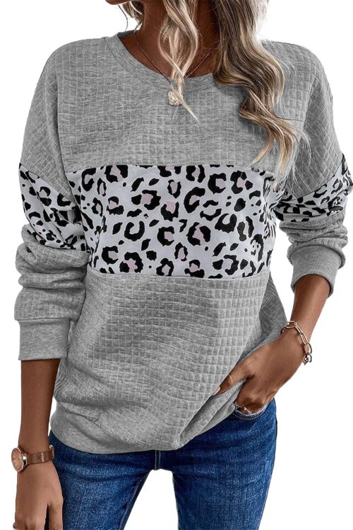 Women's Gray Leopard Quilted Patchwork Crew Neck Sweatshirt