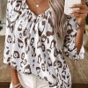 Women's Khaki Leopard Print Ruched V Neck 3/4 Sleeve Blouse - Image 6