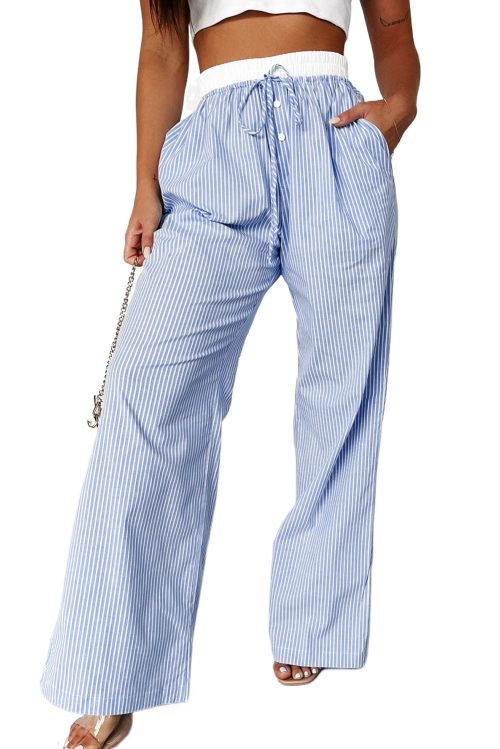 Women's Sky Blue Stripe Wide Leg Pants with Buttoned and Lace-Up High Waist