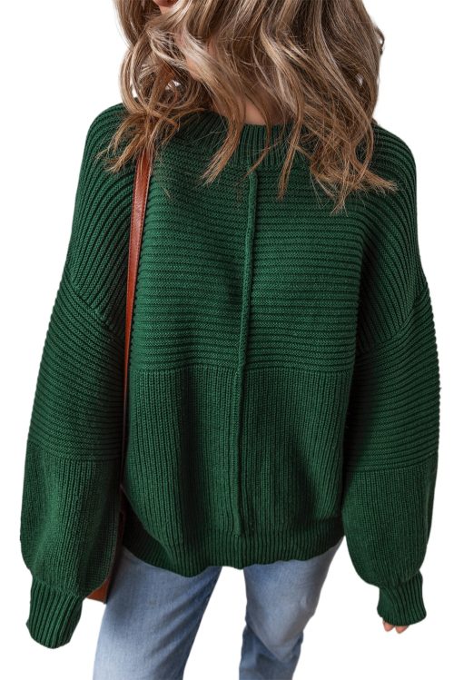 Women's Blackish Green Textured Crew Neck Lantern Sleeve Sweater