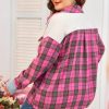 Women's Red Plaid Waffle Knit Patchwork Plus Size Shirt - Image 2