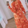 Women's Orange Boho Floral Bishop Sleeve V Neck Tiered Maxi Dress - Image 2