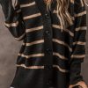 Women's Loose Fit Black Stripe V Neck Buttoned Drop Shoulder Cardigan - Image 6