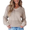 Women's Brown Eyelet Pattern V Neck Drop Shoulder Sweater - Casual Chic for Fall - Image 28