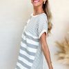 Women's Gray Stripe Mixed Printed Short Sleeve Shift Mini T-Shirt Dress - Image 3