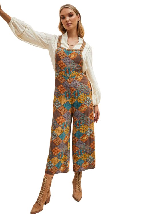 Women's Multicolour Boho Floral Print Crossed Straps Ankle-Length Jumpsuit