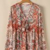 Women's Orange Floral Print Deep V Neck Knot Bell Sleeve Blouse - Chic & Feminine - Image 3