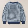 Women's Striped Lantern Sleeve Drop Shoulder Cozy Sweater - Sail Blue - Image 7