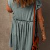 Women's Mist Green Frilled Gathered Seam Round Neck T-Shirt Dress with Pockets - Image 2