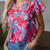 Women's Rose Red Floral Blouse with Ruffled Sleeves - Feminine V Neck Design - Image 9