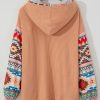 Women's Plus Size Khaki Aztec Patchwork Waffle Knit Hoodie with Drawstring - Image 11