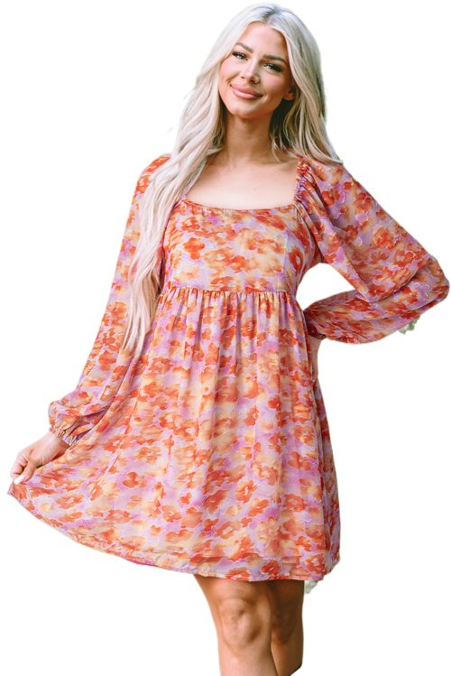 Women's Rose Floral Print Square Neck High Waist Mini Dress with Puff Sleeves