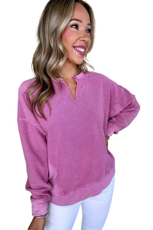 Women's Bright Pink Solid Color Notched Neck Drop Shoulder Sweatshirt