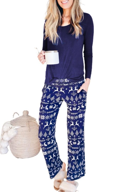 Women's Christmas Print Blue Solid Long Sleeve Top and Wide Leg Pants Loungewear Set