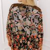 Black Plus Size Paisley Floral Print V Neck Bubble Sleeve Blouse for Women - Image 2