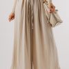 Women's Beige Drawstring Waist Pleated Wide Leg Casual Pants - Image 8