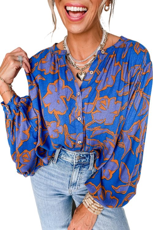 Women's Blue Floral Print Batwing Sleeve Buttoned Loose Fit Shirt for Casual & Semi-Formal Wear