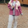 Women's Red Plaid Waffle Knit Patchwork Plus Size Shirt - Image 11