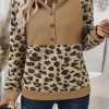 Women's Light French Beige Leopard Print Patchwork Raglan Sleeve Half Buttons Hoodie - Image 7