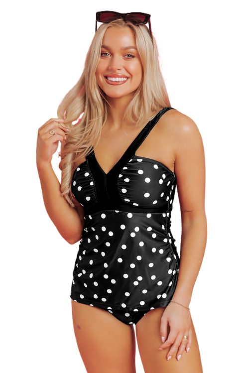 Women's Black Polka Dot Print V Neck Tankini Set - Stylish Two-Piece Swimwear