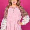 Plus Size Pink Checkered Paisley Patchwork Raglan Sleeve Top for Women - Image 7