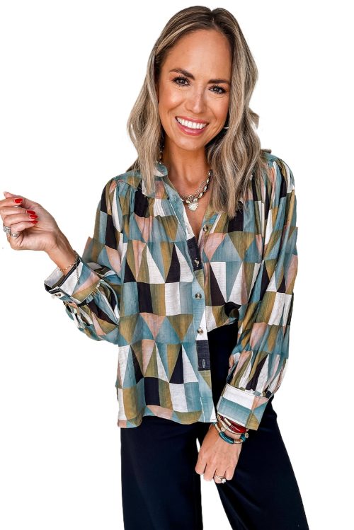 Women's Green Geometric Print Buttoned Balloon Sleeve Loose Fit Shirt