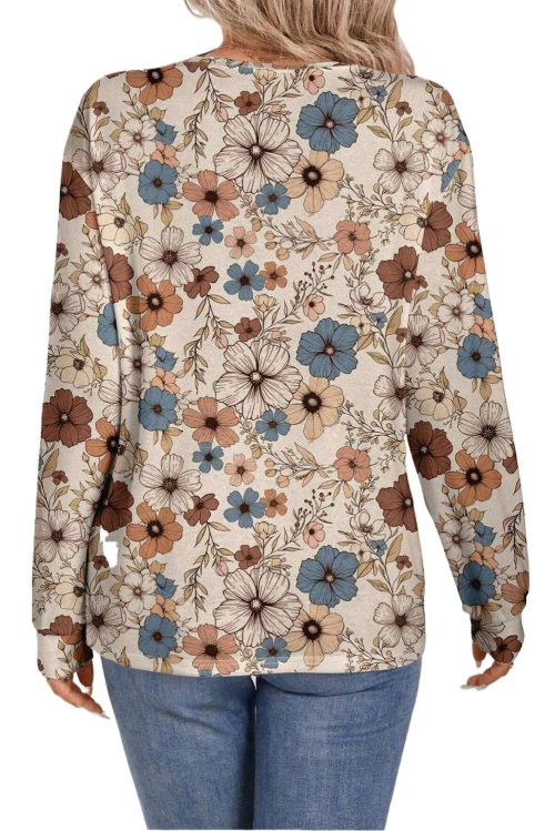 Women's Khaki Floral Print Loose Crew Neck Long Sleeve T-Shirt for Daily Wear