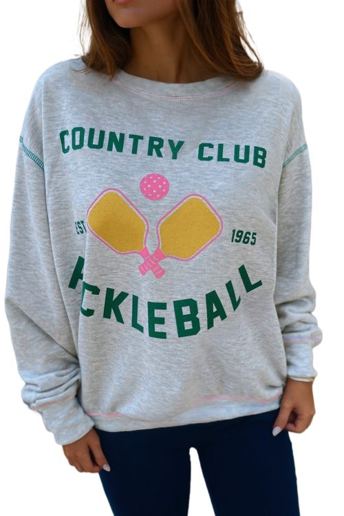 Women's Light Grey COUNTRY CLUB PICKLEBALL Graphic Casual Sweatshirt with Exposed Stitching