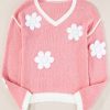 Women's Pink Floral V Neck Dropped Shoulder Sweater - Image 3