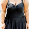 Women's Black Plus Size Solid Pleated Ruffled One Piece Swim Dress for Beach Days - Image 10