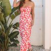 Women's Pink Floral Print Twisted Bandeau Keyhole Pleated Wide Leg Jumpsuit - Image 6