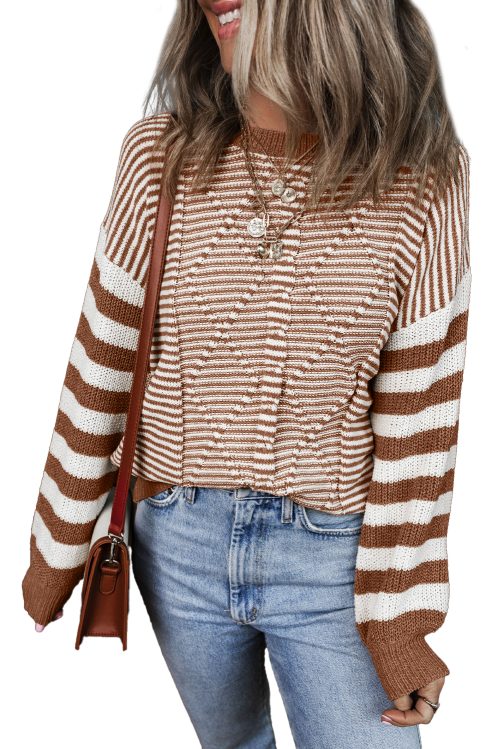 Women's Brown Stripe Geometric Textured Drop Shoulder Sweater