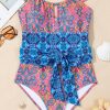 Women's Blue Geometric Print Hollow Out Knotted Waist One Piece Swimsuit - Image 10