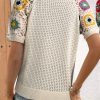 Women's Apricot Hollow Out Floral Crochet Short Sleeve Crewneck Sweater - Image 2