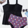 Plus Size Women's Black Drawstring Tied Front Flared Tankini Set with Geometric Print Bottom - Image 6