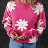 Women's Bright Pink Daisy Flower Crew Neck Long Sleeve Sweater – Cozy & Stylish - Image 10
