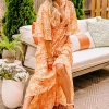 Women's Orange Floral Print Smocked V Neck Wide Sleeve Maxi Dress for Summer - Image 3