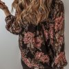 Women's Black Floral Print Criss Cross V Neck Balloon Sleeve Blouse - Image 2