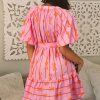 Women's Pink Bowknot Striped Printed Bubble Sleeve Mini Dress with Belt - Image 2