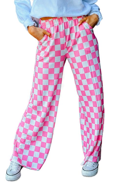 Women's 2-Tone Checked Print High Waist Wide Leg Pants