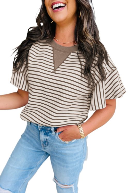 Women's Parchment Striped Ruffle Short Sleeve Top with Contrast Details