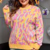 Plus Size Bright Pink Leopard Ribbed Trim Long Sleeve Sweater - Image 3