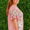 Plus Size Pink Floral Patchwork Ruffled Short Sleeve Blouse for Women - Image 3