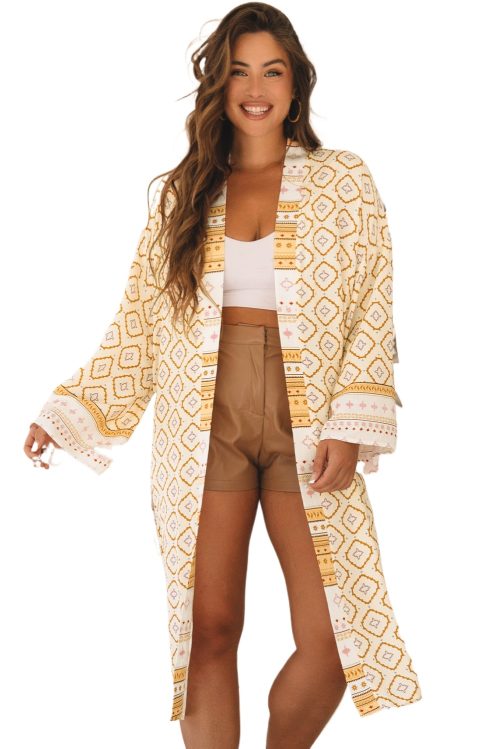 Women's Yellow Bohemian Geometric Printed Long Kimono with Loose Sleeves