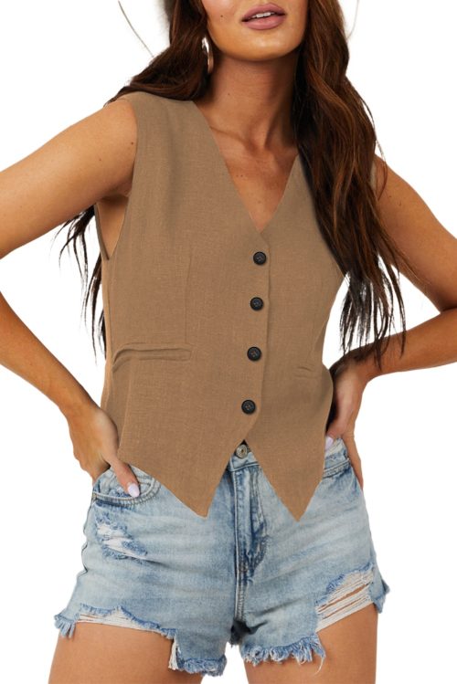 Women's Chestnut Solid Color V Neck Suit Vest