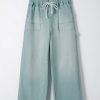 Women's Smoke Green Mineral Wash Drawstring High Waist Wide Leg Jeans - Image 5