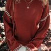 Women's Red Dahlia Color Contrast Trim Drop Shoulder Crew Neck Sweater - Image 2