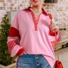 Plus Size Rose Striped Patchwork Side Split Collared Sweatshirt - Image 11